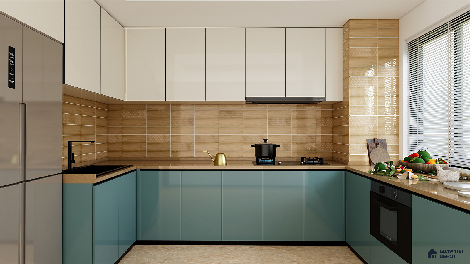 Contemporary Kitchen with Aqua Cabinets and Textured Beige Tiles | Material Depot