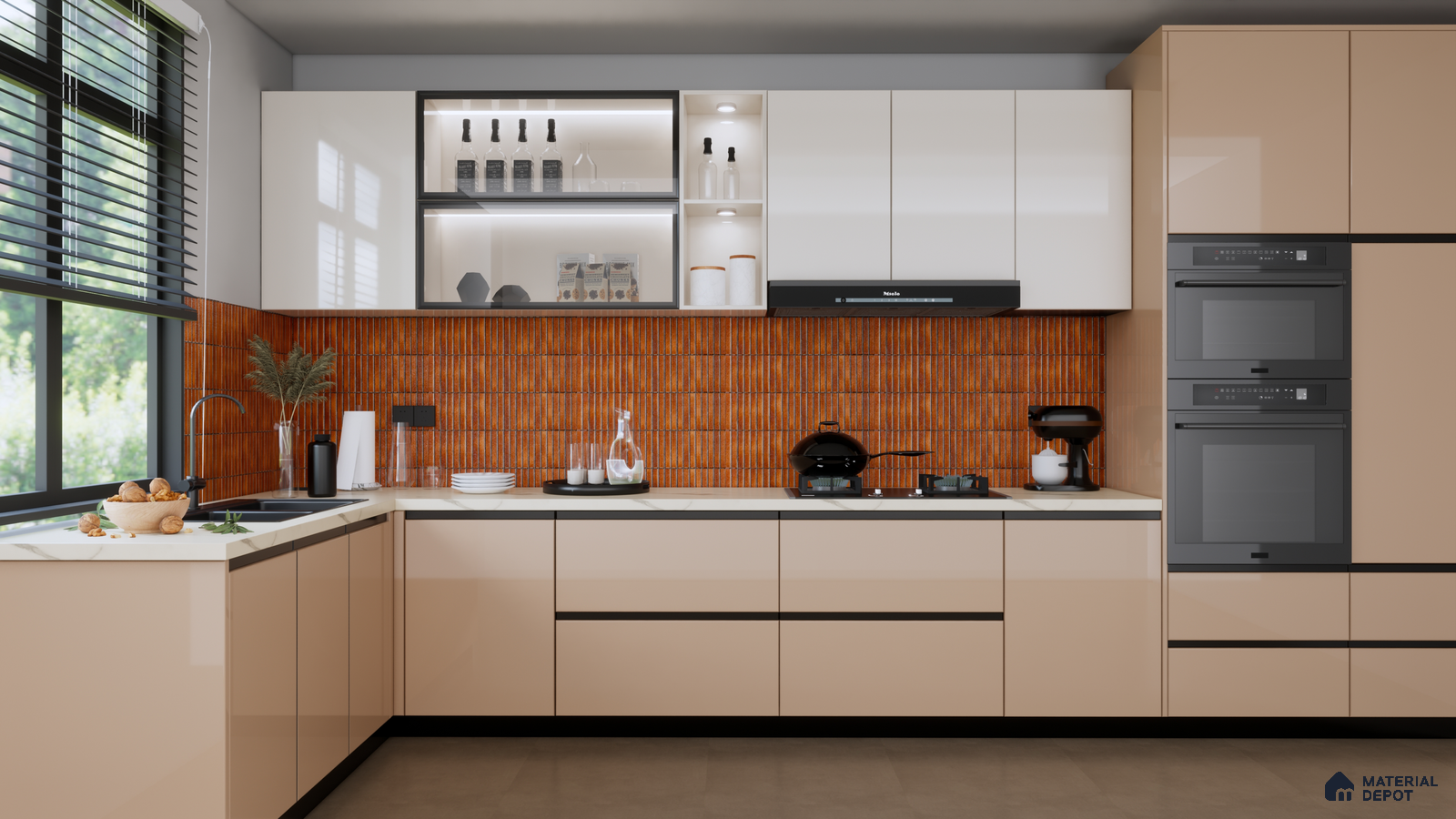 Contemporary Kitchen with Beige Cabinets and Warm Orange Tiles | Material Depot