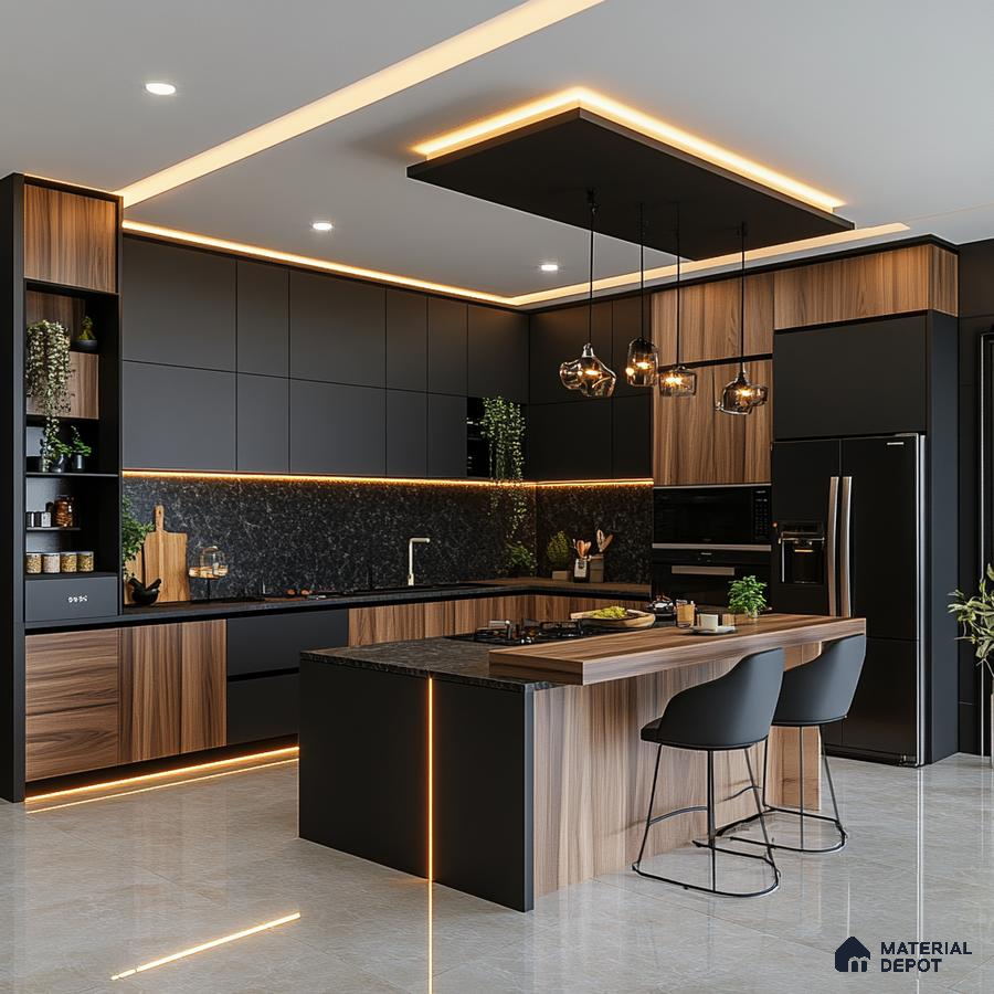 Contemporary Kitchen with Black and Wood Elements Featuring Marble Backsplash | Material Depot