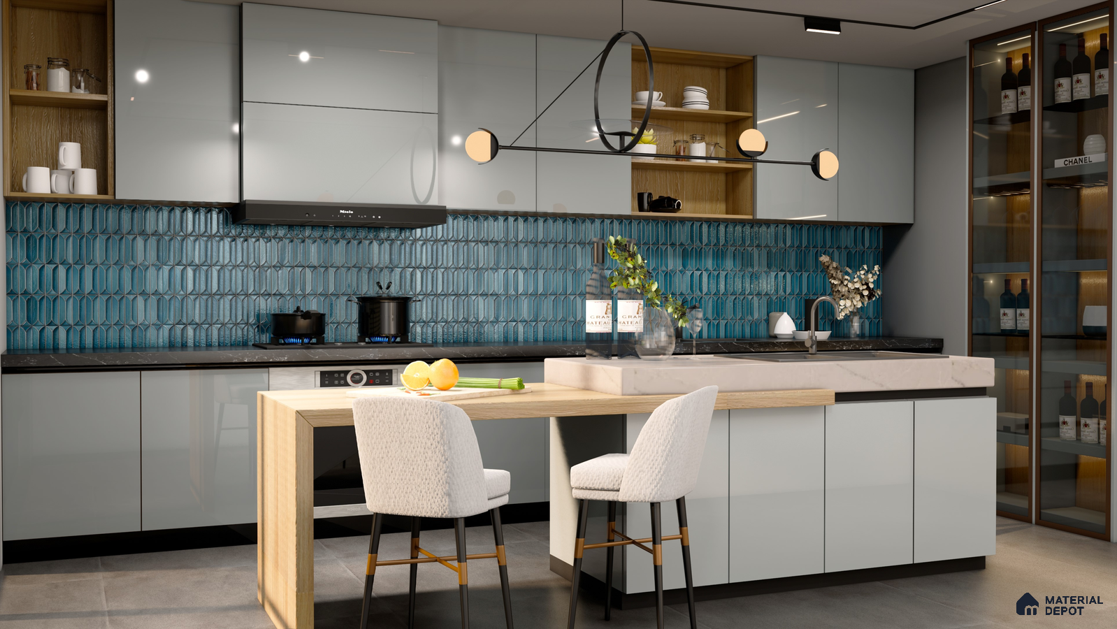 Chic Kitchen with Pink Tiles and Mauve Matte Cabinets | Material Depot