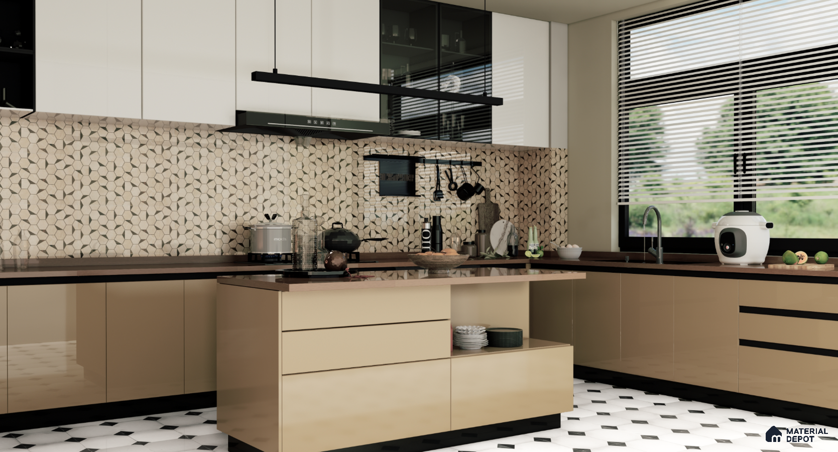 Contemporary Kitchen with Geometric Tiles and Glossy Beige Cabinets | Material Depot
