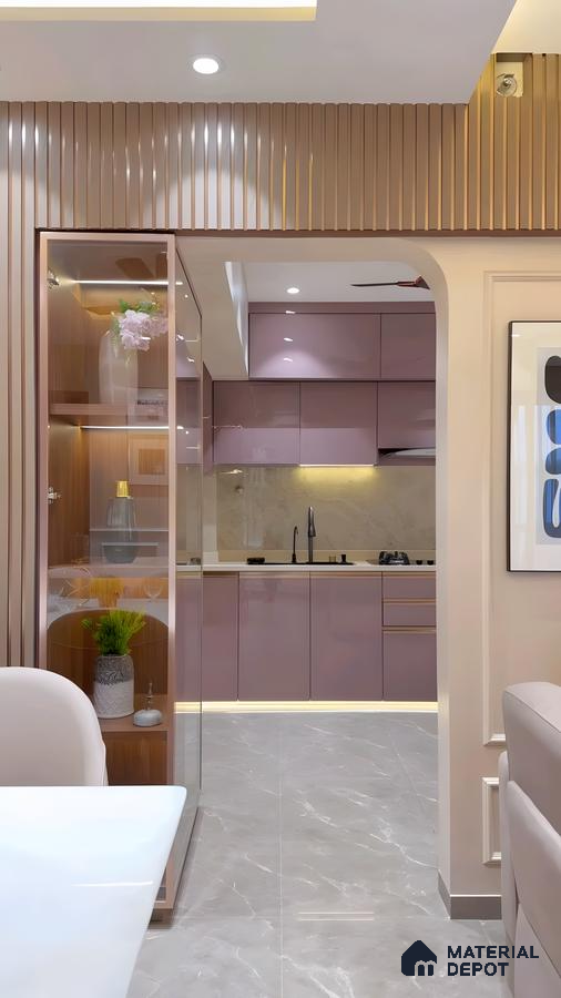 Contemporary Kitchen With Glossy Cabinets And Stylish Entryway | Material Depot