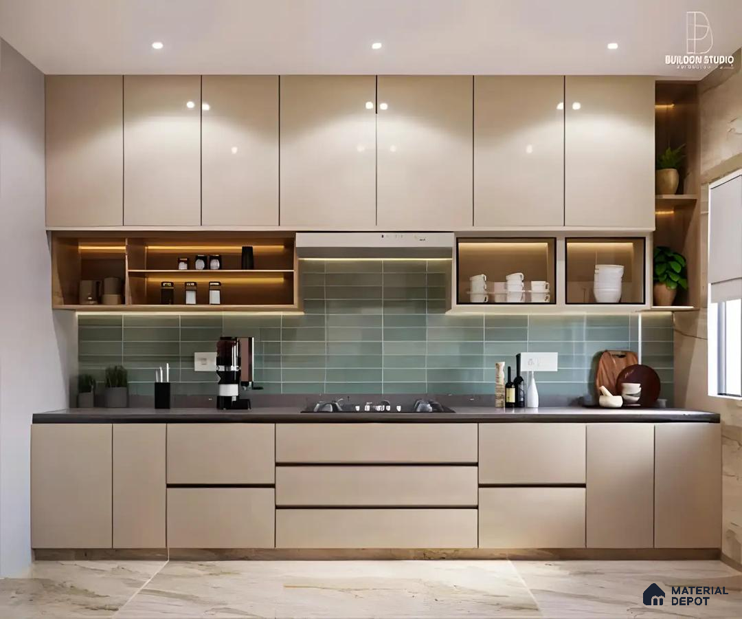 Contemporary Kitchen With Green Tiled Backsplash | Material Depot