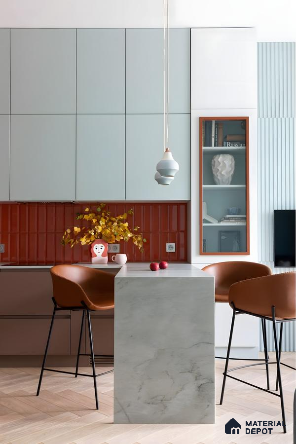 Contemporary Kitchen With Pastel Cabinets And Terracotta Tile Backsplash | Material Depot