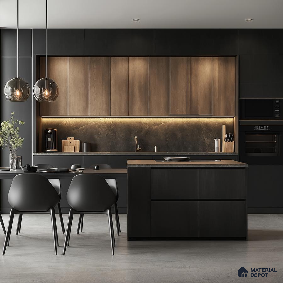 Contemporary Kitchen with Wood and Black Accents | Material Depot