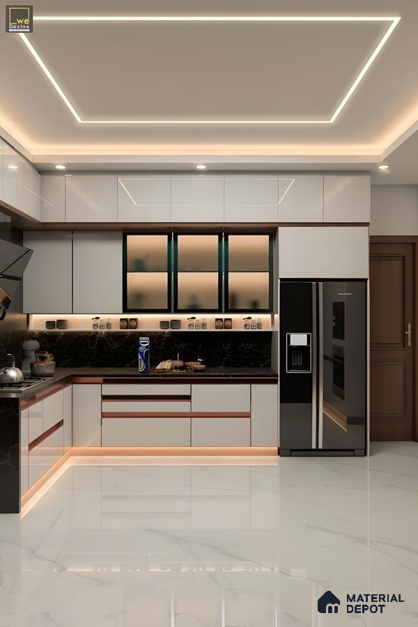 Contemporary L-Shaped Kitchen With High-Gloss Cabinets And Warm Under-Cabinet Lighting | Material Depot