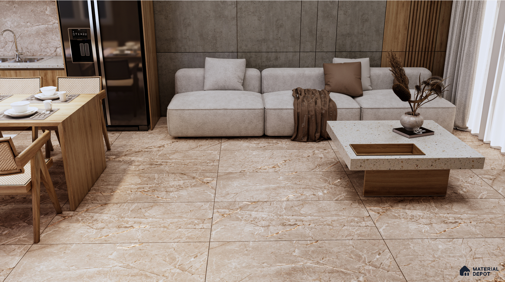 Contemporary Living and Dining Space with Warm Beige Marble Flooring | Material Depot