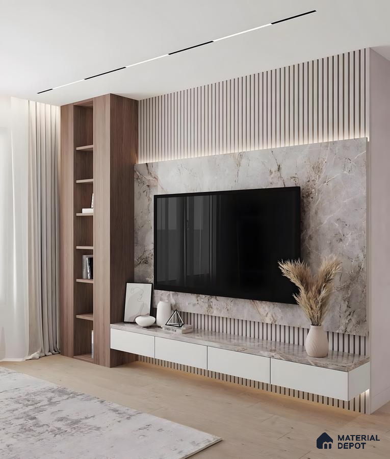Contemporary Living Room Tv Unit With Marble & Fluted Panels And Floating White Cabinets | Material Depot