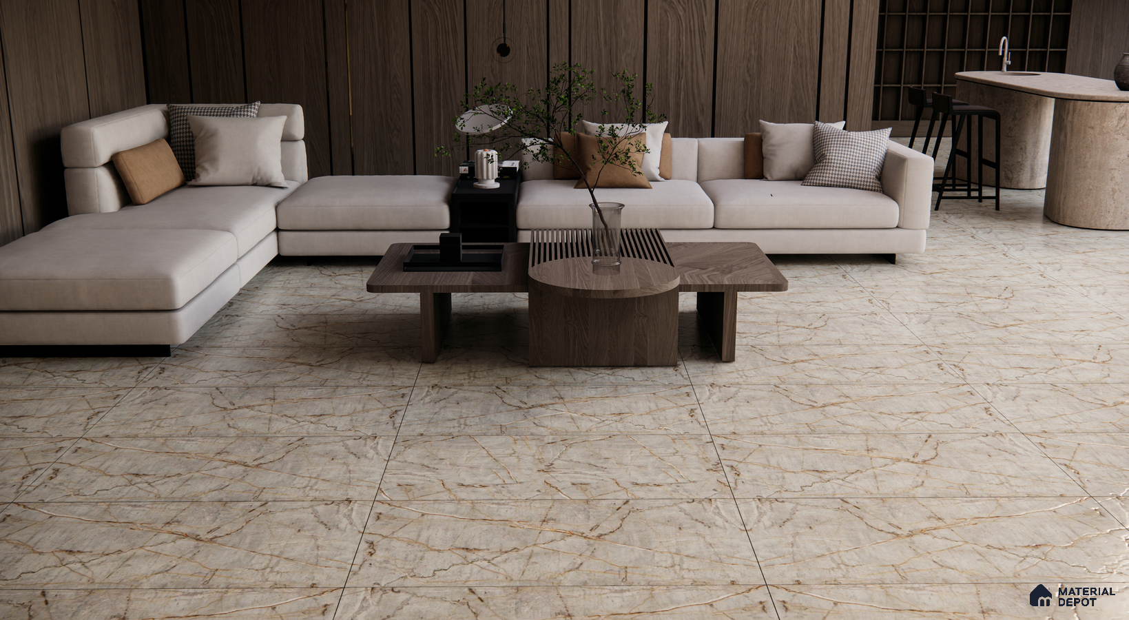 Contemporary Living Room with Ash Grey Flooring and Wooden Accents | Material Depot