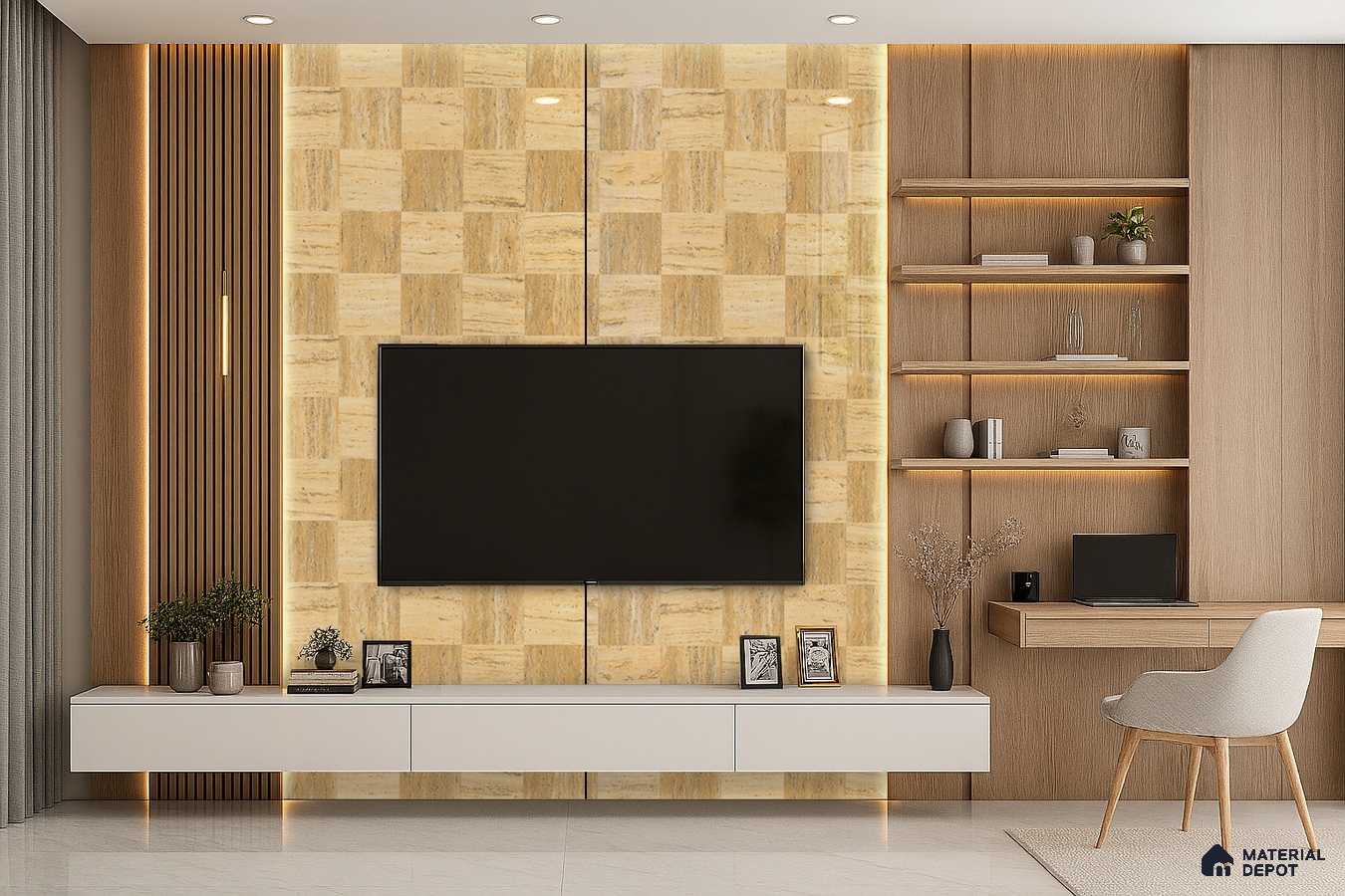 Luxurious Living Room with Light Textured Laminate TV Wall and Built-in Fireplace | Material Depot