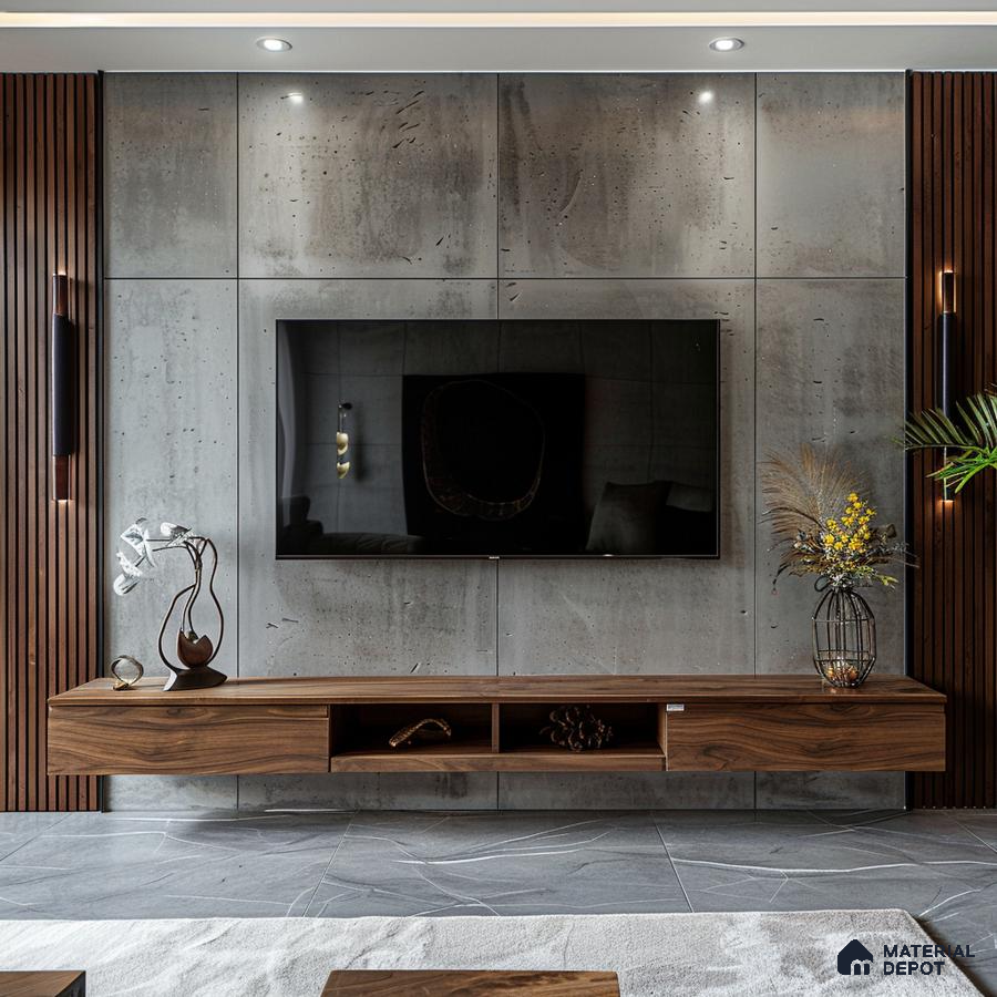 Contemporary TV Unit with Concrete Accent Wall and Wooden TV Console | Material Depot