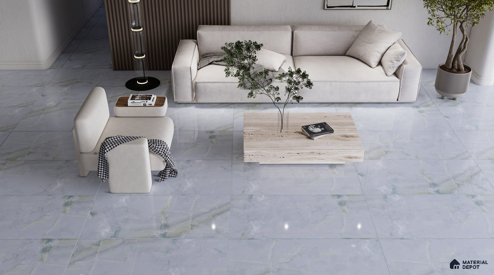 Contemporary Living Room with Elegant Blue Marble Look Flooring | Material Depot