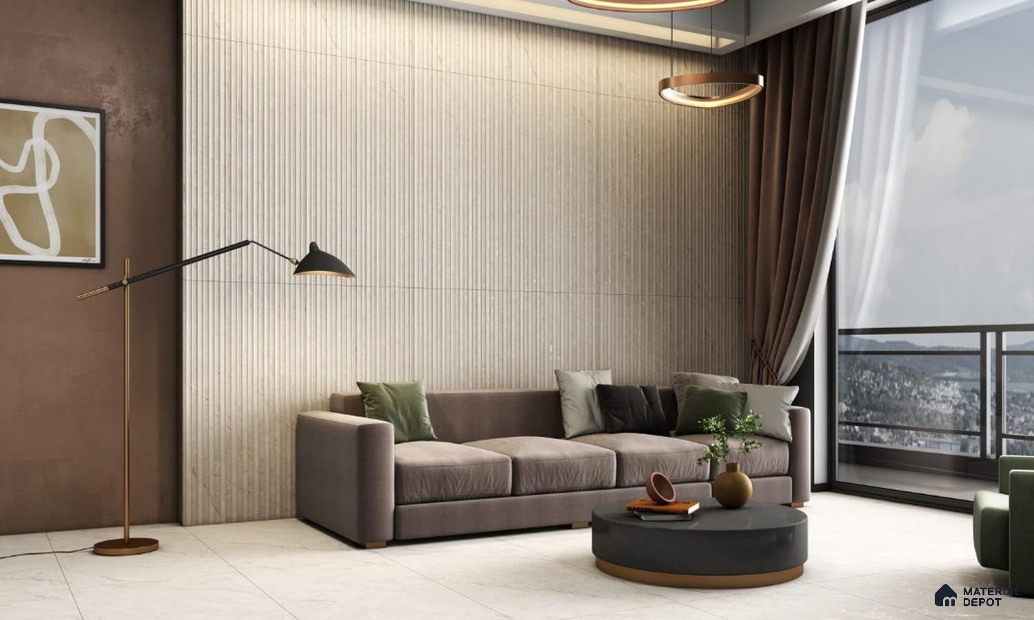 Contemporary Living Room with Fluted Beige Wall Tiles | Material Depot