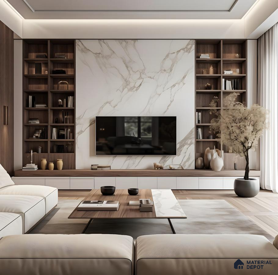 Contemporary TV Unit with Marble Accent Wall and Built-in Shelving | Material Depot