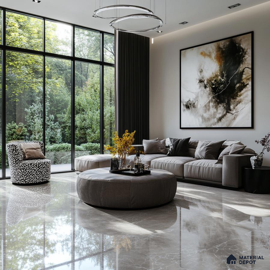 Contemporary Living Room with Marble Flooring and Scenic Garden Views | Material Depot