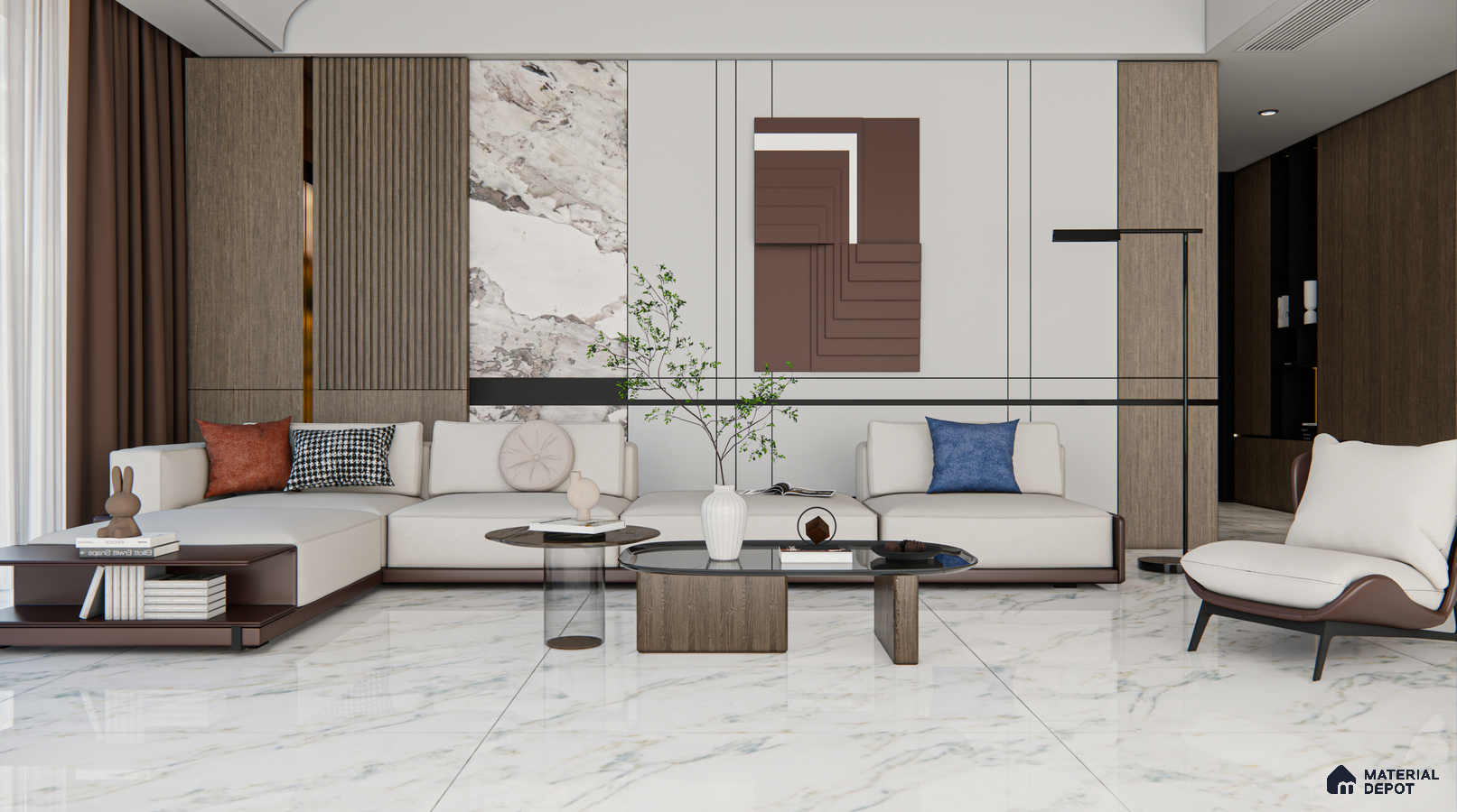 Contemporary Living Room with Minimalist Marble Flooring and Textured Wall Accents | Material Depot