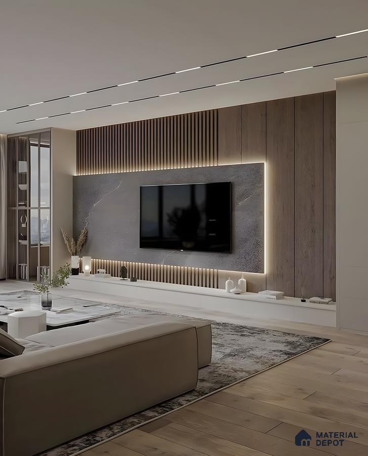 Contemporary Living Room With Stone-Finish Tv Panel, Vertical Fluted Wood Accents, And Warm Led Backlighting | Material Depot