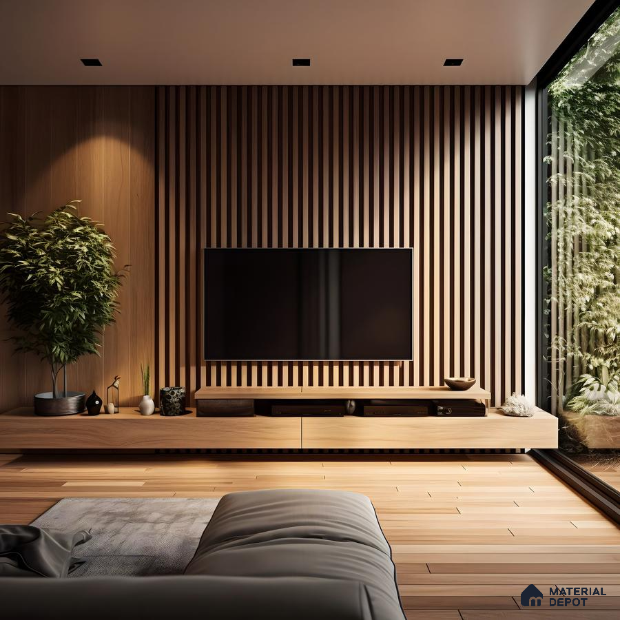 Contemporary TV Unit with Wood-Paneled Accent Wall | Material Depot