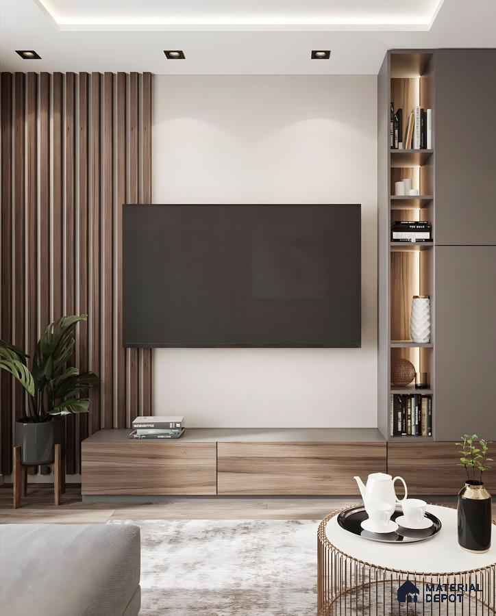 Contemporary TV Unit with Wood-Paneled Accent Wall and Built-in Shelving | Material Depot