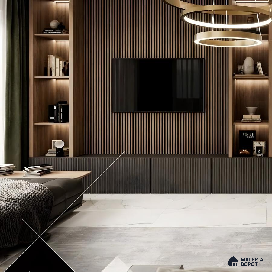 Contemporary TV Unit with Wood-Paneled Accent Wall and Circular Pendant Light | Material Depot