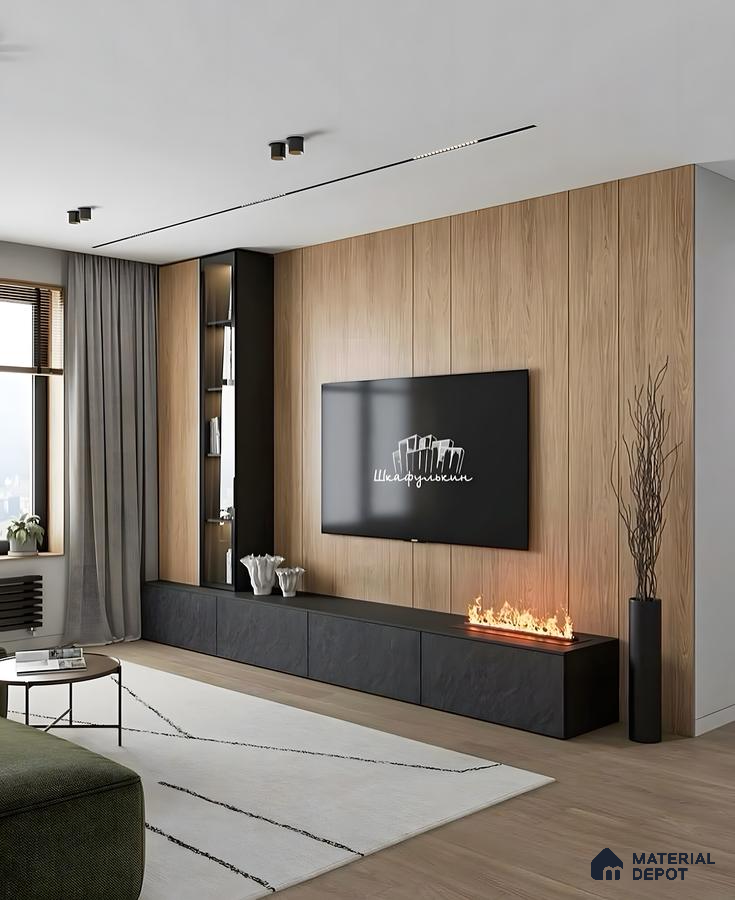 Contemporary TV Unit with Wood-Paneled Accent Wall and Electric Fireplace | Material Depot