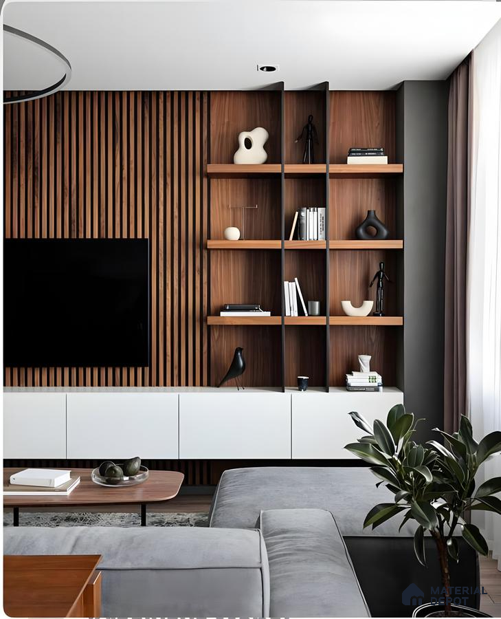 Contemporary TV Unit with Wood-Paneled Accent Wall and Geometric Shelving | Material Depot