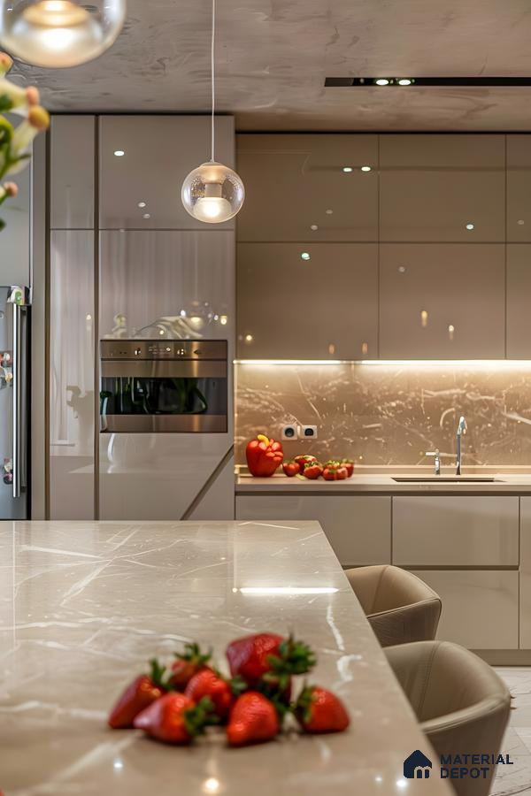 Contemporary Luxe Kitchen With Glossy Beige Finishes And Marble Elegance | Material Depot