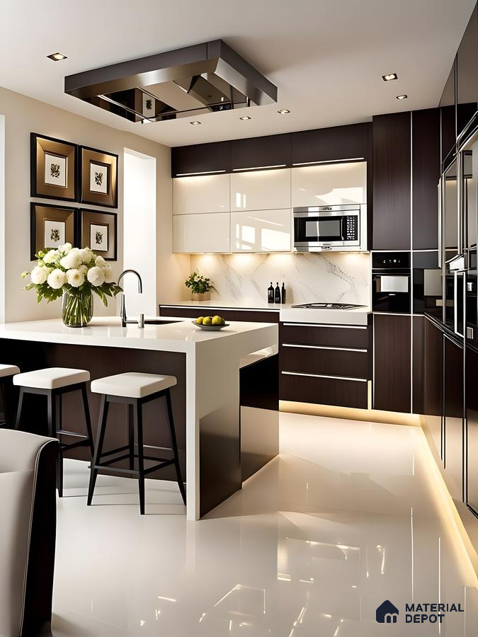 Contemporary Luxe Kitchen With High Gloss Finishes And Dark Wood Accents | Material Depot