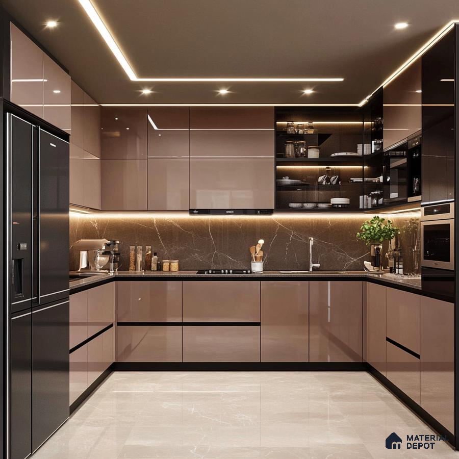Contemporary Mocha Kitchen with Sleek Marble Backsplash and Ambient Lighting | Material Depot
