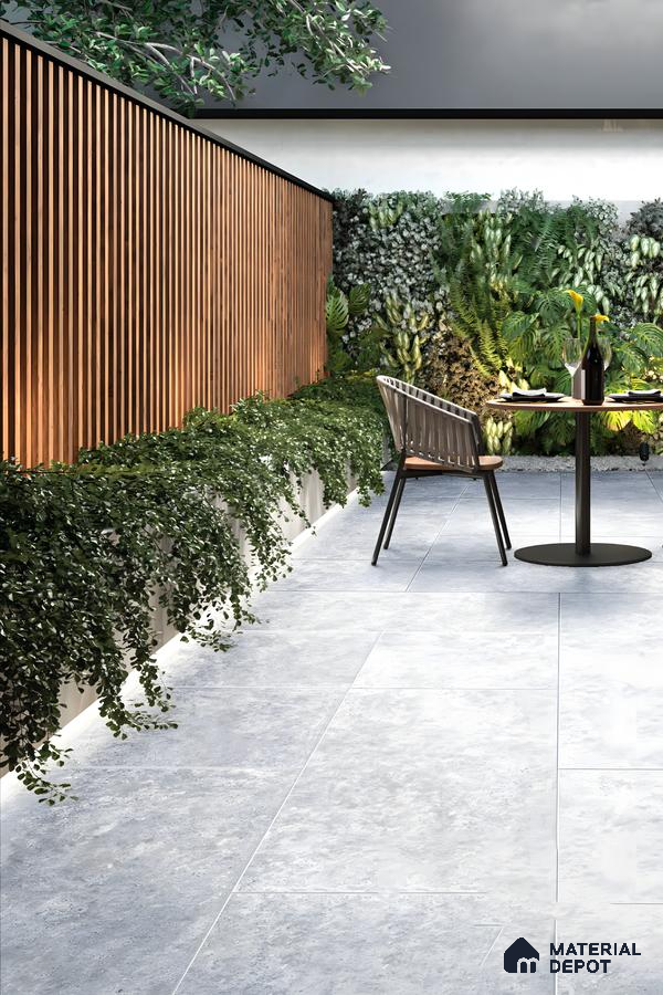 Contemporary Outdoor Living Space with Legions Lunar Silver Tiles | Material Depot