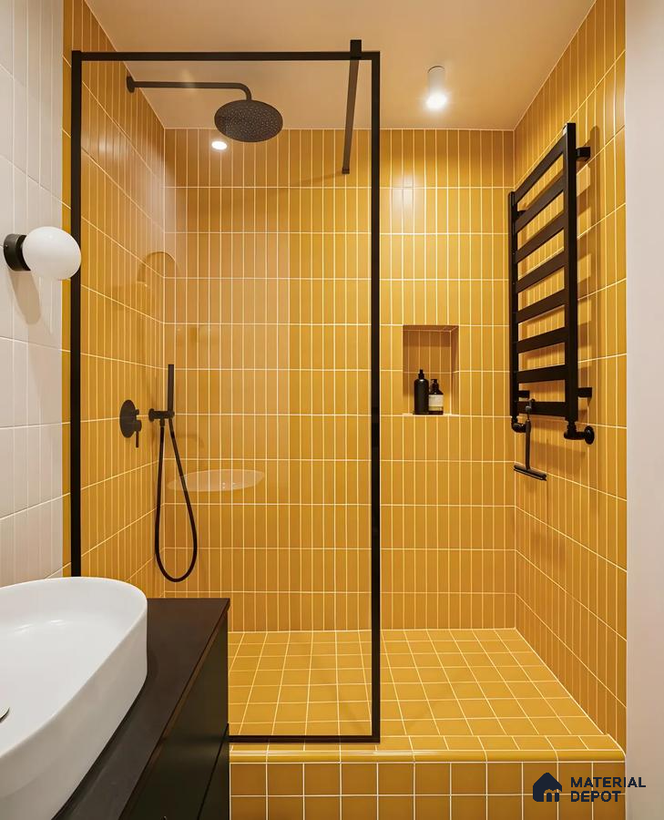 Contemporary Shower with Mustard Yellow Tiles and Black Fixtures | Material Depot