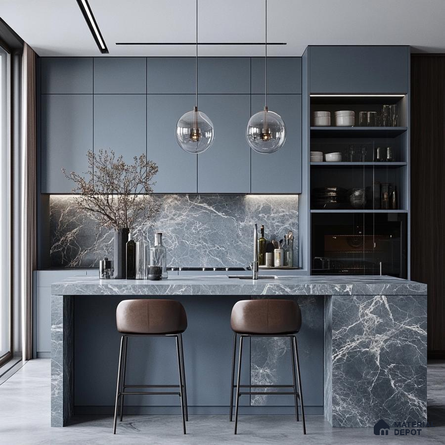 Contemporary Sky Blue Kitchen with Marble Island and Pendant Lighting | Material Depot