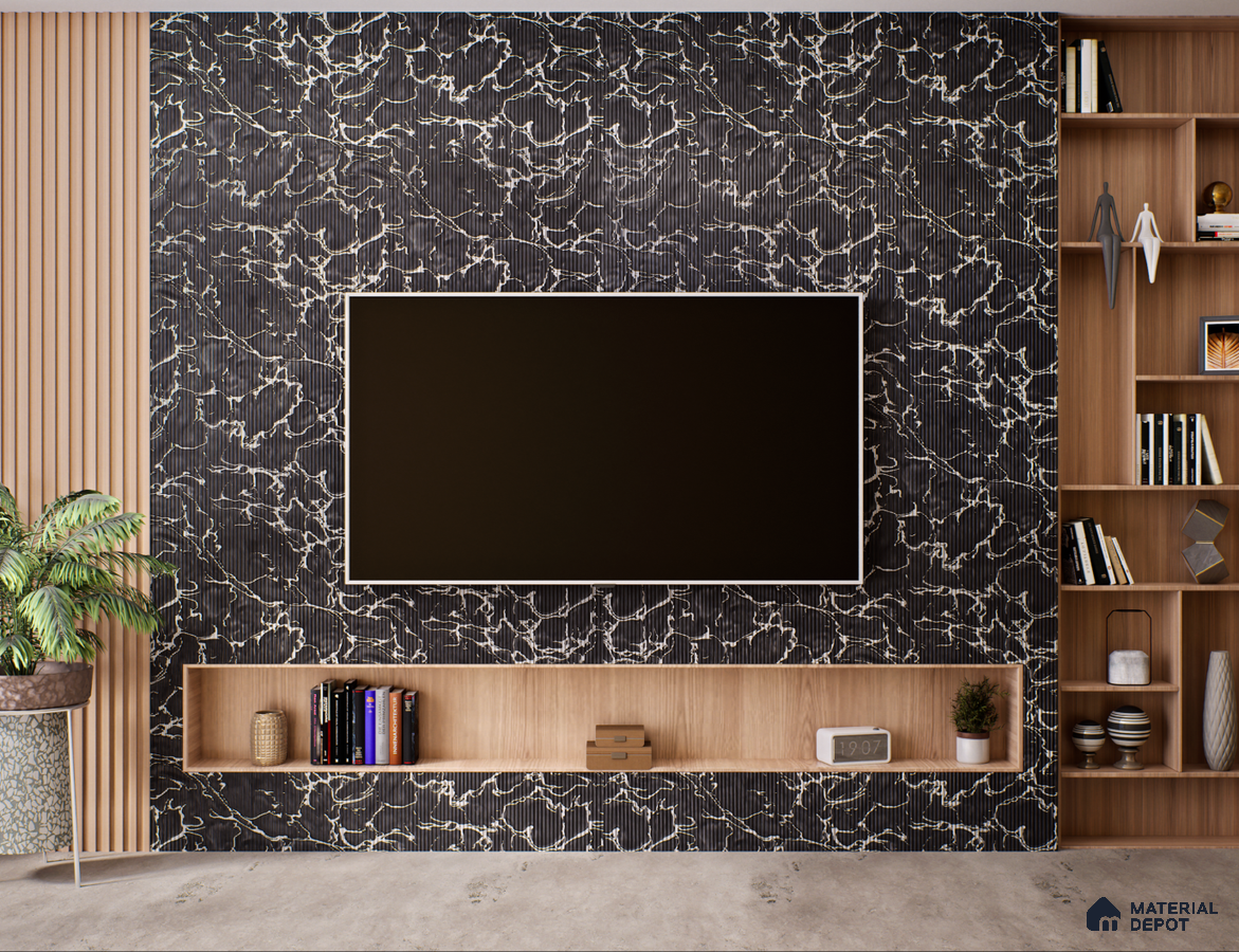 Contemporary TV Unit with Black Fluted Marble Panels and Wooden Shelves | Material Depot