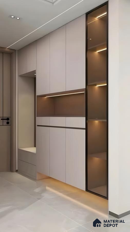 Contemporary Wall-Mounted Entryway Cabinet With Ambient Lighting And Glass Display | Material Depot