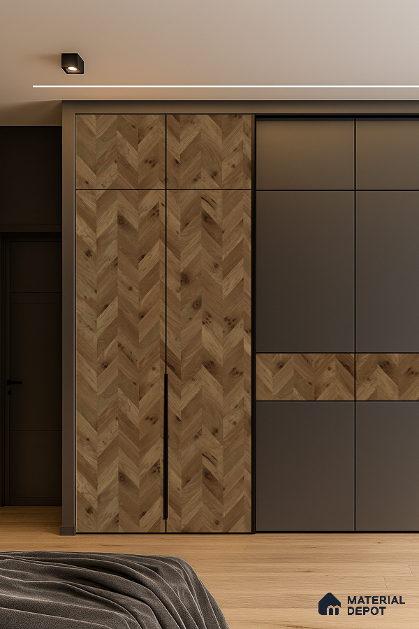 Modern Sliding Wardrobe with Light Chevron Laminate and Organized Storage | Material Depot