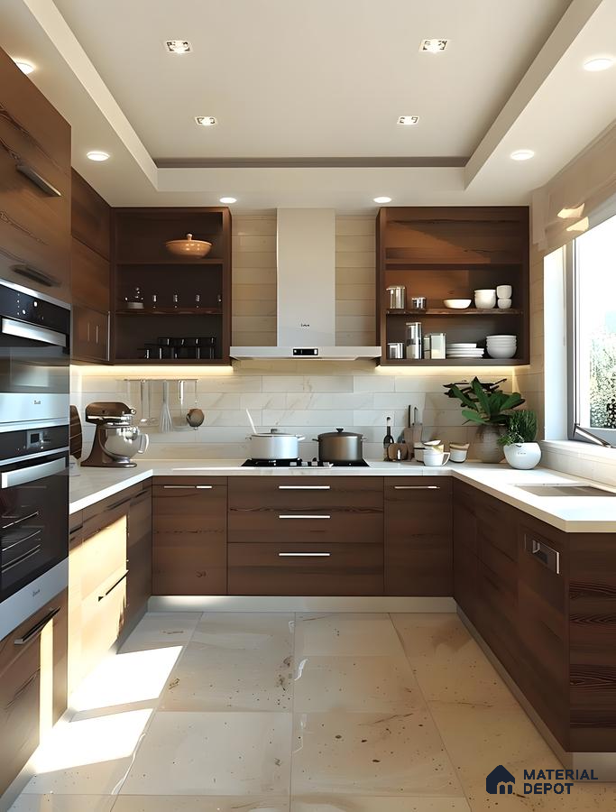 Contemporary Warm Minimalist Kitchen With Walnut Laminates, Quartz Counters & Natural Beige Stone Flooring | Material Depot