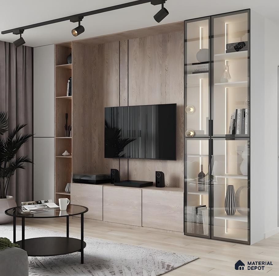 Contemporary Wooden Tv Wall With Glass Display Cabinet And Track Lighting | Material Depot