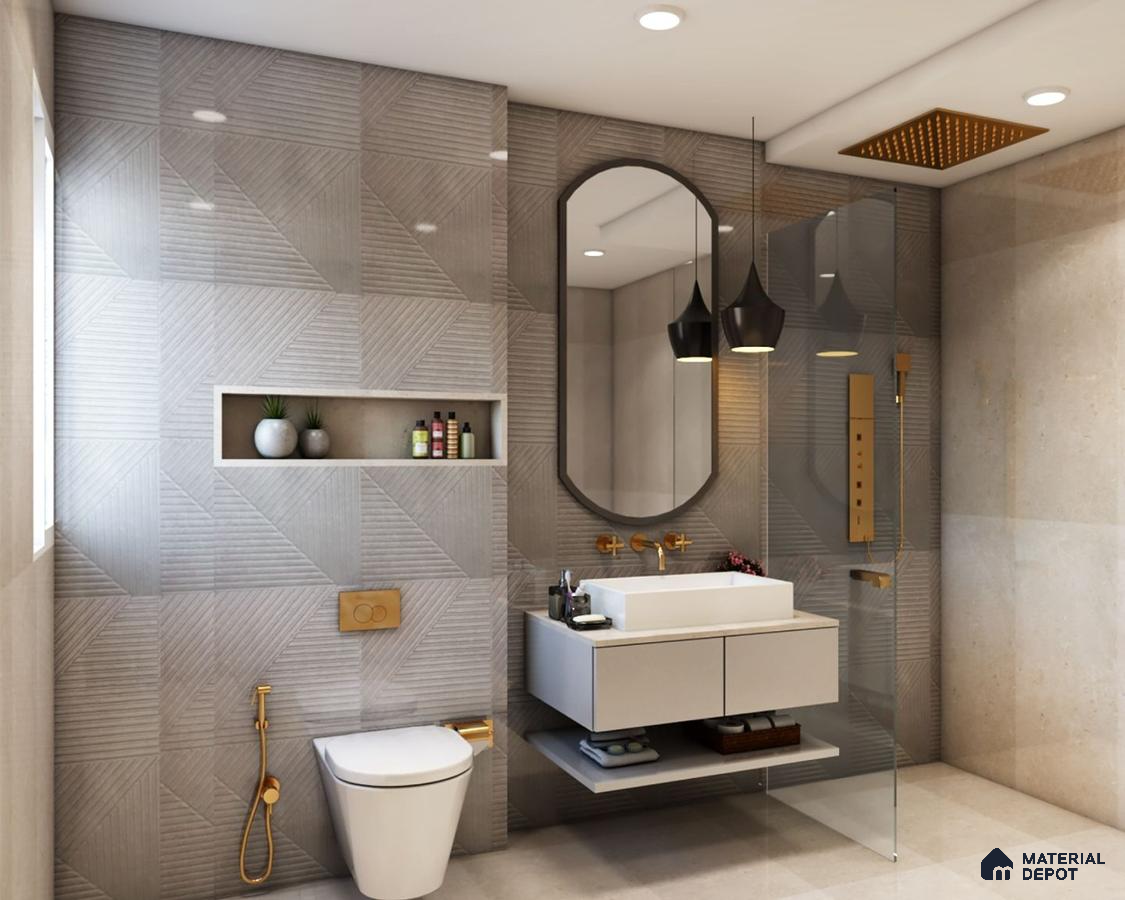 Modern bathroom with grey tiles and curved mirror