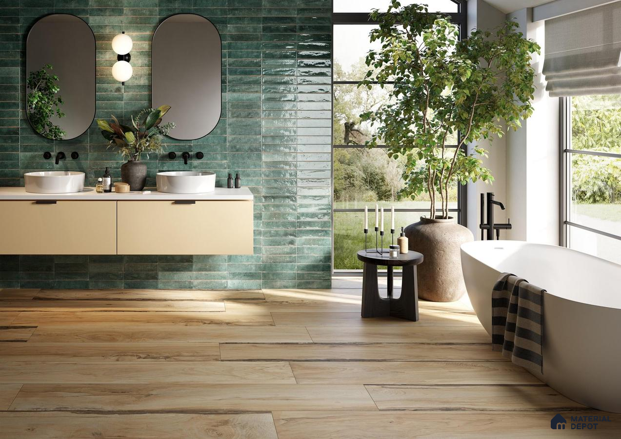 Bathroom with green tile and wooden floor