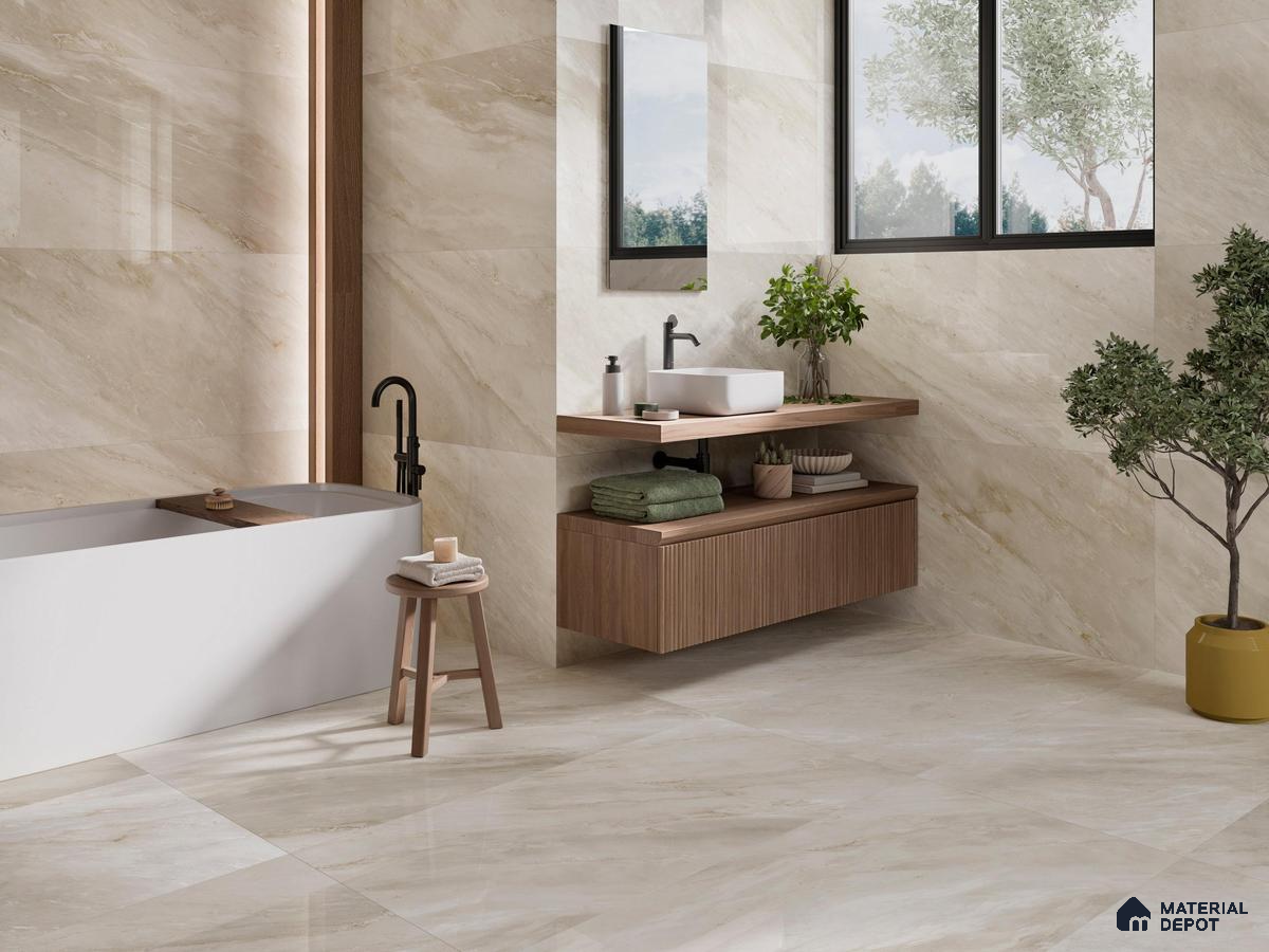 Bathroom with beige tiles