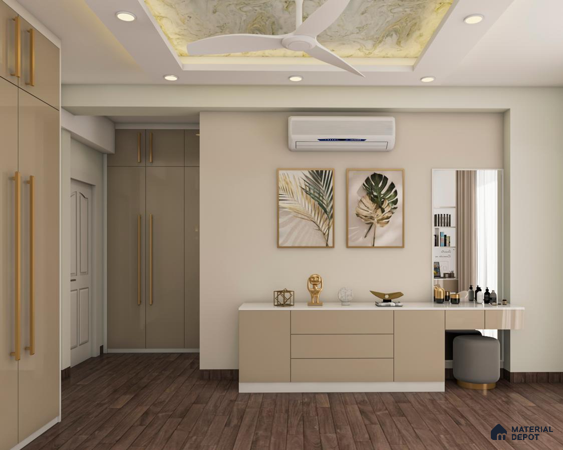 A contemporary kitchen with beige walls, wooden flooring, and golden accents.” (67 characters.