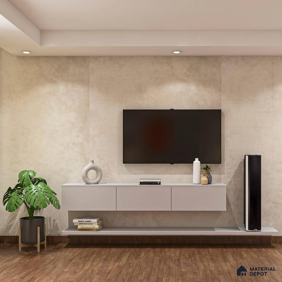 Elegant beige TV unit in high ceiling room