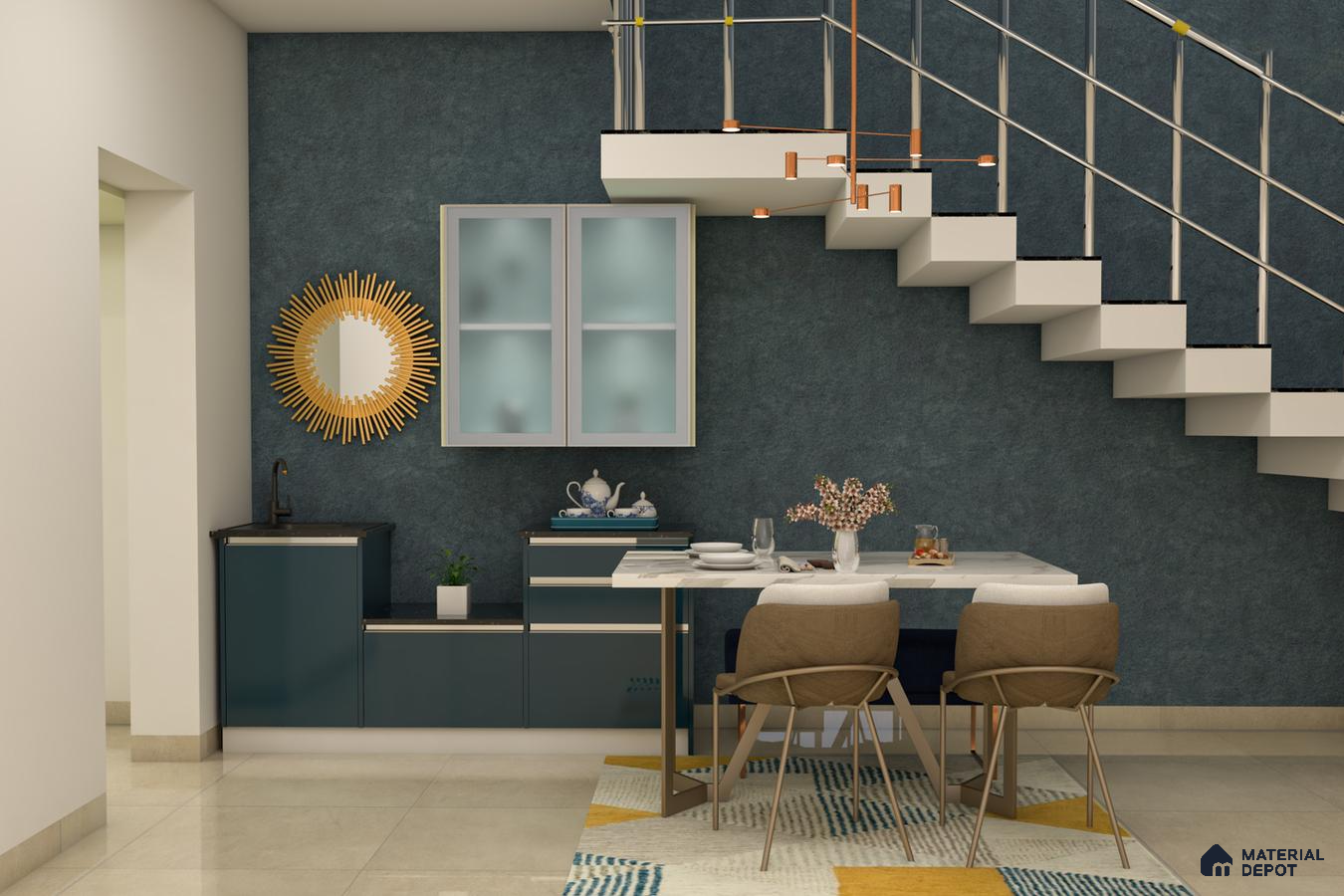 Compact dining room with contemporary interiors, unique mirror, and brown-white color scheme