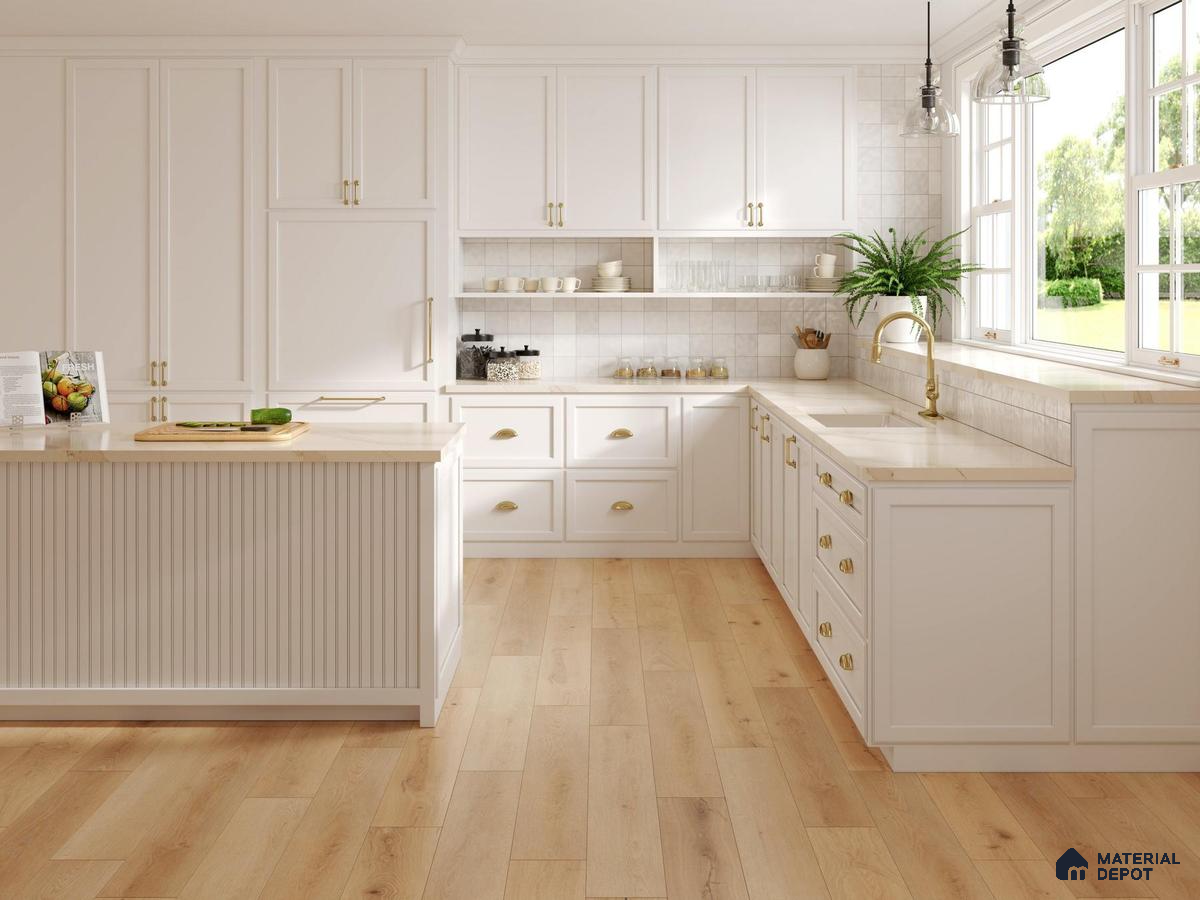 White laminate kitchen with white tile and wooden floor
