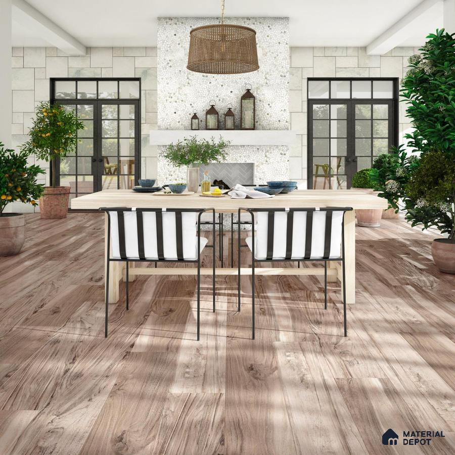 Dining area with marble tiles and wooden laminate flooring