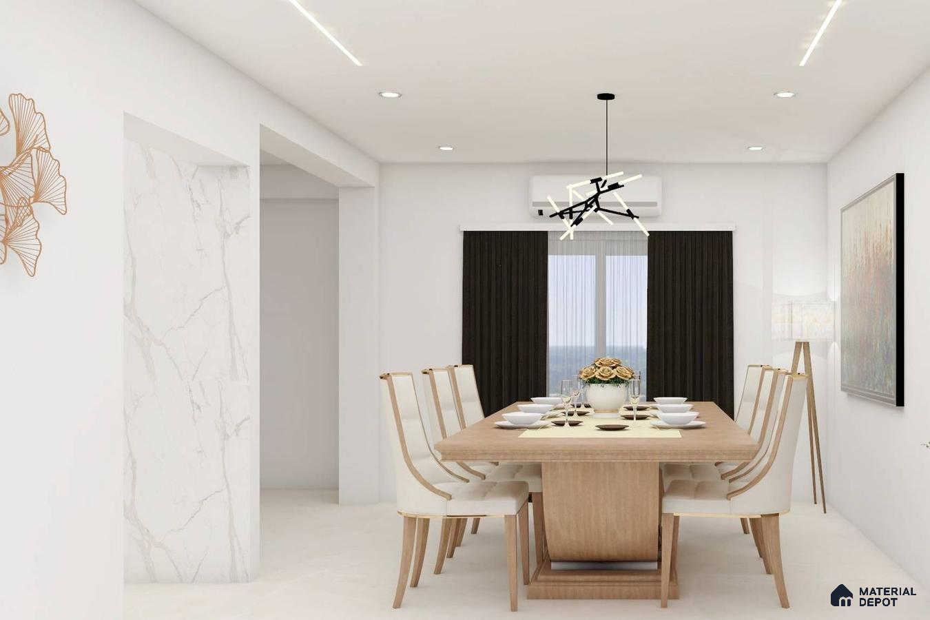 Elegant Dining: White 6 Seater Ensemble with Artful Touch