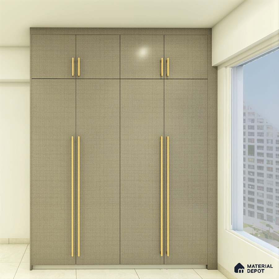 Stylish contemporary grey wardrobe with golden accents and unique window pattern