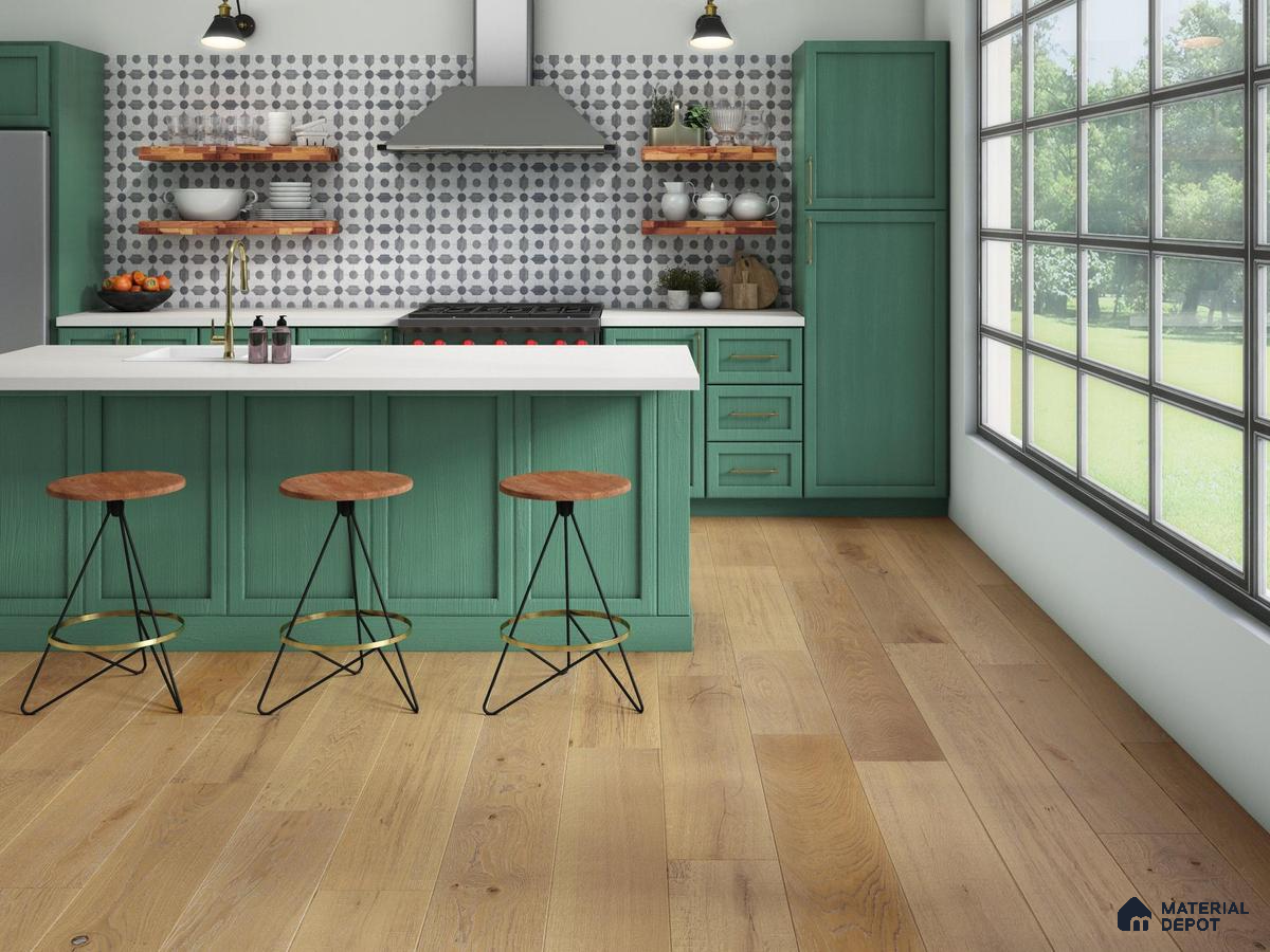 Kitchen with green laminate and wooden flooring