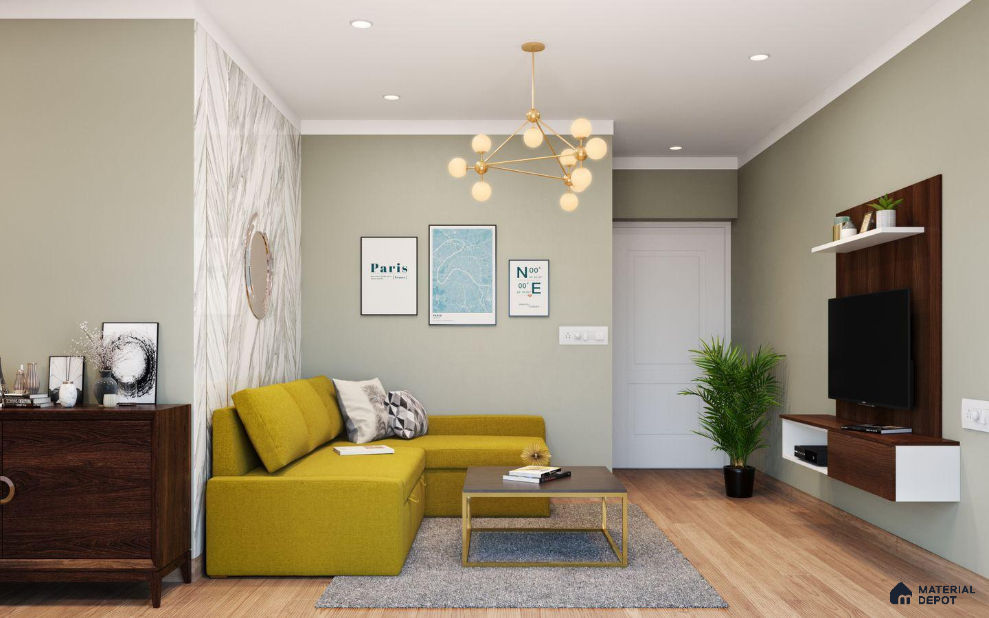 Living room with wooden laminate flooring and marble patterned walls