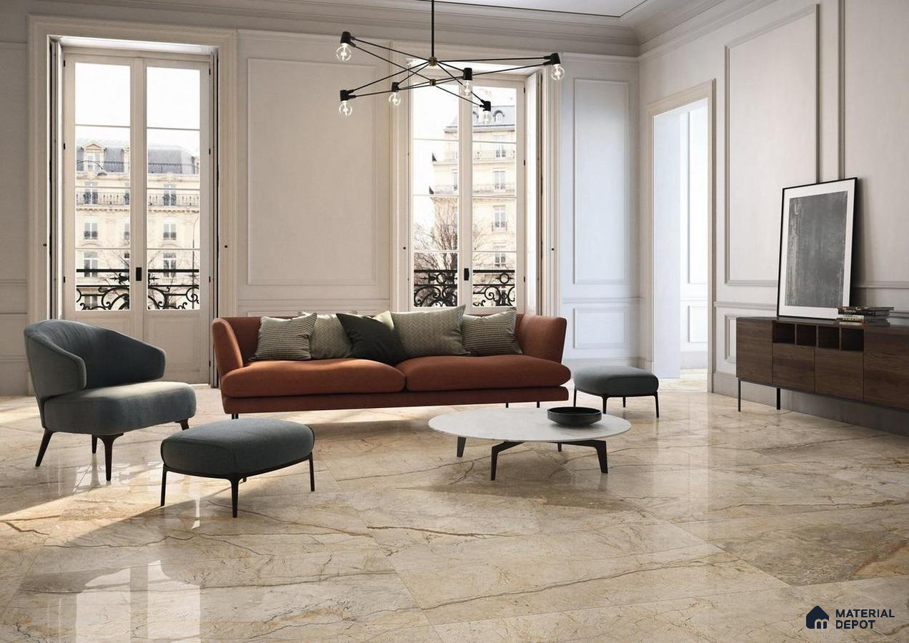 Living room with glossy marble floor tile and wenge laminate cabinet